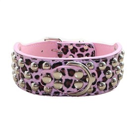 haoyueer 2" Width 3 Rows Silver Rivets Studded Leather Dog Collars for Medium/Large Dogs Pitbull Mastiff Boxer Bully … (L, Pink Leopard)