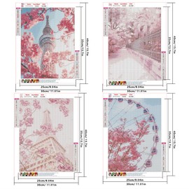 DCIDBEI 30 x 40 cm 5D 4 Pieces Diamond Painting Pink Landscape, Round Diamond Embroidery Peach Blossom, Crafts, Painting & Crafts, Crystal, Diamond Art/Gift for Friends/Decoration Wall House
