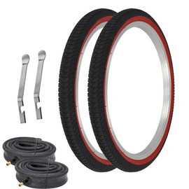 Pair of PRO+ Bicycle TIRE 20" X 1.75 Black/RED SEMI-Slick Tread Tires W/Heavy Duty Tubes & TIRE LEVERS BMX Style