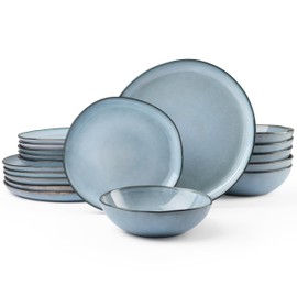 HaWare Plates and Bowls Set, Stoneware Dinnerware Sets, 18-Piece Hand-painted Dish Set for 6, Ceramic Dinner Set for Home Kitchen, Scratch Resistant, Microwave and Dishwasher Safe, Reactive Foggy Blue
