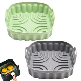 2-Pack Square Air Fryer Silicone Pot, A safe and non Stick Air Fryer,Reusable Baking Tray And Oven Accessories;Suitable For 4QT -8QT Air Fryers (Gray+Green)