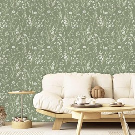 HLNIUC Wallpaper Green Peel And Stick,Vintage Flower Wallpaper,Green Plants Stickers(44x300cm) Floral Wall Paper Self Adhesive,Light Botanical Stickers For Living Room Bedroom Wall Cabinets