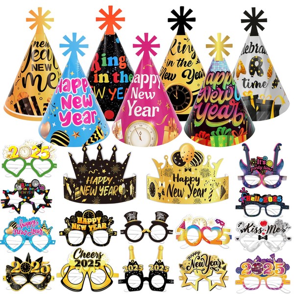 DPKOW 23pcs 2025 New Year's Eve Glasses Hats, Multicolored New