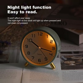 Tetino Analog Alarm Clocks,Retro Metal Desk Silent Non Ticking Small Clock with Night Light,Battery Operated,Simple Design,for Bedrooms, Bedside,Office,Home Décor (Green)