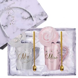 XUEJITECH Mr and Mrs Coffee Mugs Set for Couples - His and Hers Ceramic Mugs 14oz, Elegant Wedding Gifts for Bride & Groom, Anniversary & Engagement Presents for Husband Wife, with Gift Box