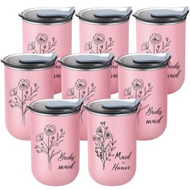 Maxdot 8 Pcs Bridesmaid Proposal Gifts Stainless Steel Cup 10oz Tumbler Bachelorette Party Supplies Bridesmaid Aesthetics Cups Bridal Gift for Engagement Wedding(Pink)