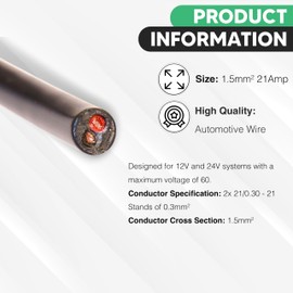 Automotive Round Twin 2 Core Cable 12V/24V Thin Wall Wire for Auto Boat 21A, 1.5mm² (10M Coil)