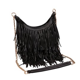 LUI SUI Women's Fashion Fringed Shoulder Bag Tassel Cross Body Bags (Black)
