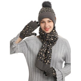 FEOYA Women Winter Skull Cap Scarf Touch Screen Gloves 3 Pieces Set Leopard Print Beanie Hat Thick Lined Knit Pompom Neck Warmer Mittens Dark Grey