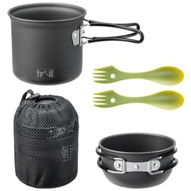 Trail Camping Cookware Set, 1-2 Person Outdoor Hiking Camp Cooking Kit, Non Stick Hard Anodised Aluminium, 400ml & 900ml Cook Pots/Bowls, 2 x PP Sporks, Lightweight Portable Stackable with Mesh Bag
