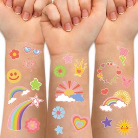 Temporary Tattoo for Kids Rainbow - 120 Pcs Cartoon Styles | Flower Power,Peace Out,Smiley,Happy Time Waterproof Fake Tattoos Body Face Stickers Birthday Party Decorations Gift for Girls Boys 559
