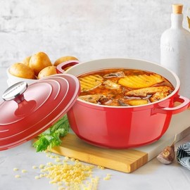 OVENTE Dutch Oven Pot with Lid, 4.6 Quart Aluminum Non-Stick Coated Cookware for Sourdough Bread Baking, Braising, Cooking Soups and More, Oven and Dishwasher Safe, Works on All Stovetops, Red DOA546R