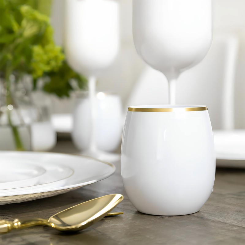 Elegant Stemless White Wine Goblets with Gold Rim - 12