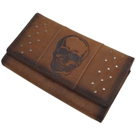 myledershop Large Buffalo Full Leather Women's Wallet / Purse / Purse with Skull Motif with RFID & NFC Protection, Cognac, customized