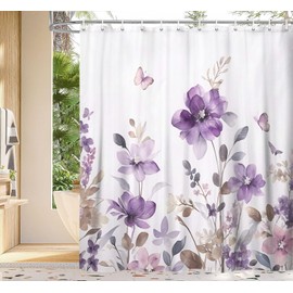 Purple Floral Shower Curtain, Farm Watercolor Flower Leaves and Butterfly on Country Wooden Shower Curtain for Bathroom, Rustic Farmhous Waterproof Fabric Shower Curtain with 12PCS Hooks, 70X70IN
