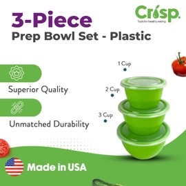 Crisp Prep Bowl Set - 3-Piece Plastic Mixing Bowls With Lids - Durable Kitchenware, Dishwasher Safe & Microwave Safe Bowls - Kitchen Mixing Bowls for Preparing, Serving and Storing - Bright Green