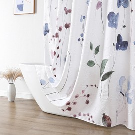 QIYI Watercolor Wildflowers Shower Curtain, Minimalist Floral Cloth Bath Curtain, 3D Embossed Butterflies Botanical Plants Flower Bathroom Decor, Waterproof Fabric Shower Curtain Set with Hooks, 72x72