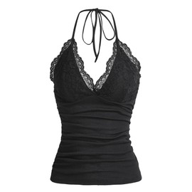 MakeMeChic Women's Halter Top Y2K Lace V Neck Ruched Low Cut Halter Tank Tops Camisole Tops A Black M