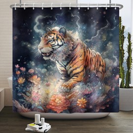 ASDCXZ Tiger Shower Curtain 180x200 cm, Art Watercolor Dominant Tiger Animal Rose Colorful Flowers Bath Washable Shower Curtains Polyester Textile Waterproof Bath Curtain for Bathtub with 12 Hooks