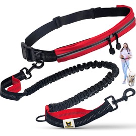 Hundefreund Hands Free Dog Leash for Medium and Large Dogs (30-150lbs) - Dual Handle Waist Leash for Running, Walking and Hiking with Adjustable Zipper Waist Belt and Reflective Elastic Bungee (Red)