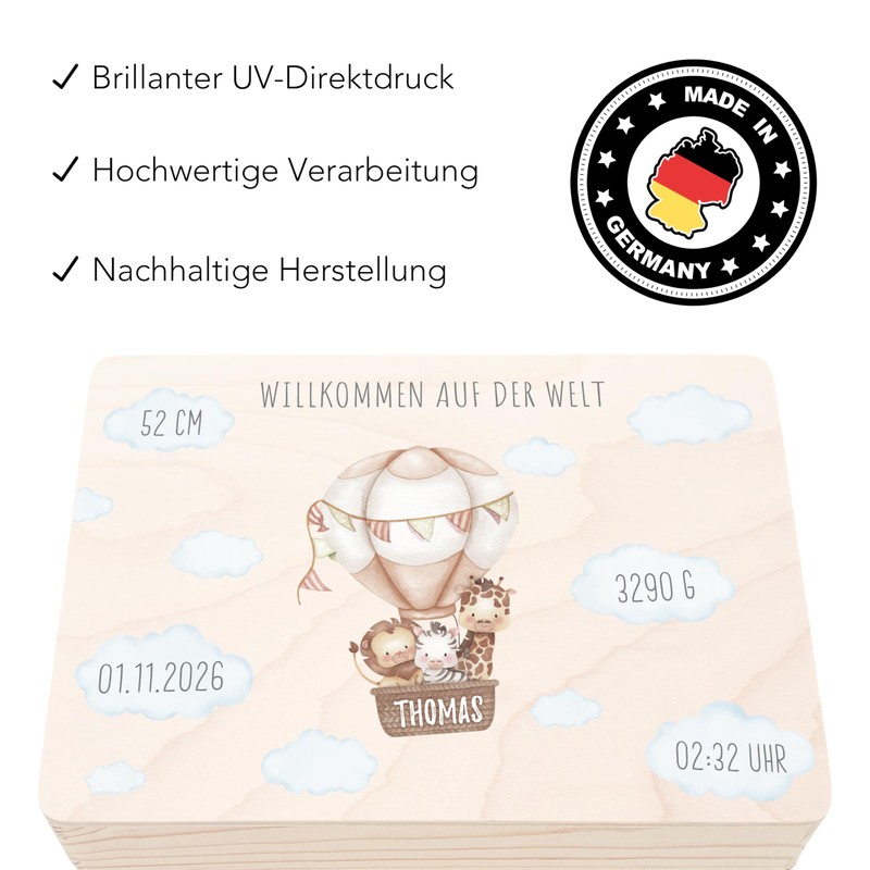 Erinnerungsbox Baby Heißluftballon personalisierte Erinnerungskiste Erinnerungsbox Geschenk zur Geburt Geburtsgeschenk