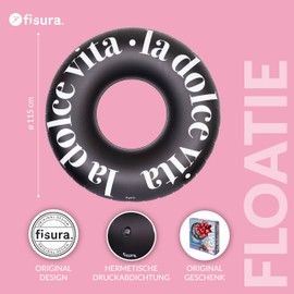 Fisura La Dolce Vita Inflatable Swim Ring Black 120cm with Safety Valve for Quick Inflation and Deflation. Stylish Swimming Accessory for Water or Beach