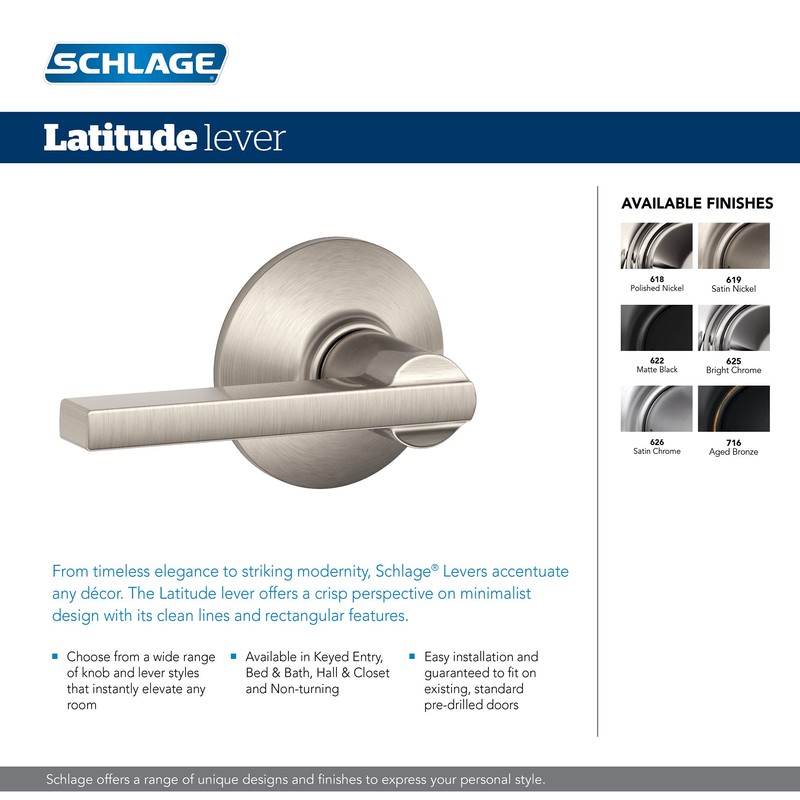 Schlage F10 LAT 626 Latitude Door Lever, Hall & Closet