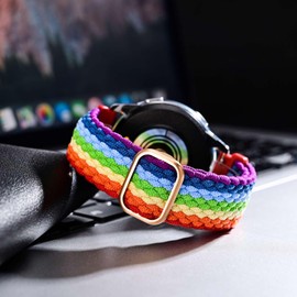 Anbeer 18mm Braided Nylon Solo Loop Watch Band,Stretchy Quick Release Replacement Watch Strap with Adjustable Buckle,Rainbow with Rosegold Buckle