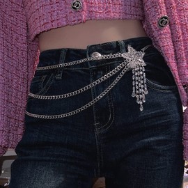 Jumwrit Rhinestone Chain Belt Silver Layered Waist Chain Adjustable Metal Body Link Belt Sparkle Tassel Chain Big Star Belly Chain Boho Party Beach Body Jewelry Accessories for Women and Girls