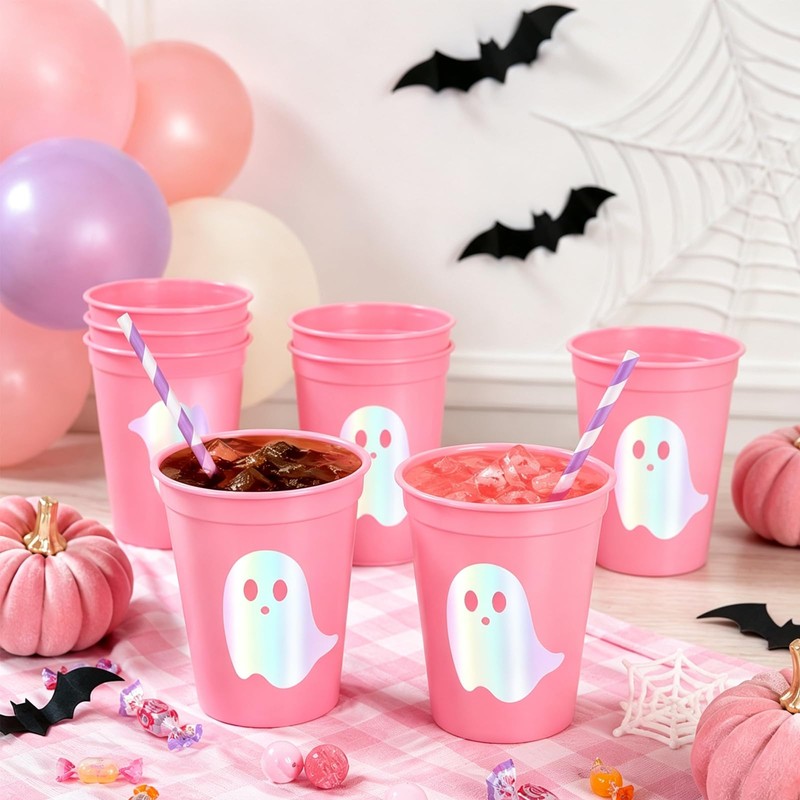 24 Pack Halloween Iridescent Plastic Cups, Ghost, Pink Color, 16oz