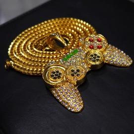 Bling Sparkly Video Game Controller Necklace For Men Women Cool Unique Gaming Charm Costume Jewelry Punk Rapper Rocker CZ Fake Diamond Chain Hip hop Necklace(Gold,Silver,Black)