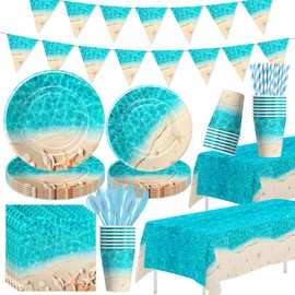 Srua Don Beach Party Decorations, Ocean Seashell Party Supplies, Plate, Cup, Napkin, Tablecloth, Cutlery, Banner, Ocean Beach Table Decorations For Birthday Baby Shower Wedding, Serves 24