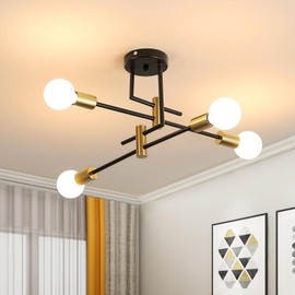 Tealight Sputnik Ceiling Light Fixture, 4 Light Black and Gold Sputnik Lighting Fixture Semi Flush Mount Modern Industrial Ceiling Chandelier for Bedroom, Living Room, Kitchen, Dining Room, Hallway