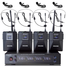 SIKUING 4 Channel UHF Wireless Microphone System with Lavalier Headset Mics, 4x50 Adjustable Frequencies, Ideal for Karaoke Meeting Church, 300ft Range (4 Bodypack)
