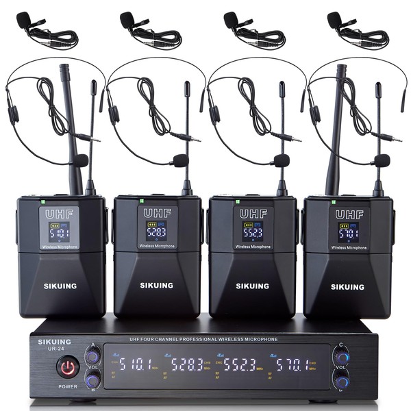 SIKUING 4 Channel UHF Wireless Microphone System with Lavalier Headset
