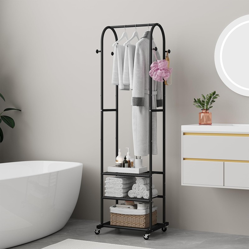Hall Tree with Wheels and Hanging Hooks,Heavy-Duty Metal Coat Rack