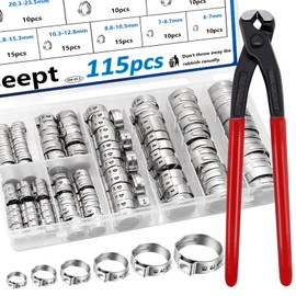 Seept 115PCS 6-28.6mm Single Ear Hose Clamps with Ear clamps plier 10-Sizes Crimp Hose Clamps for Auto,Home, Appliance, Pipe, Fuel Line Stepless Hose clamp with Crimp Clamps pincer