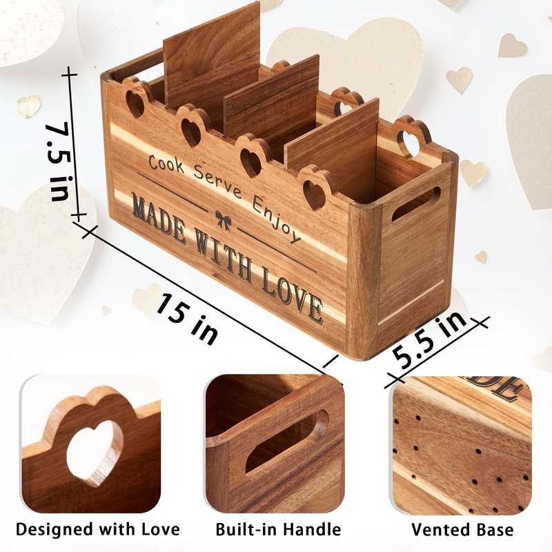 Kitchen Utensil Holder, Large Acacia Wood Organizer for Countertop |