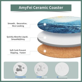 AmyFei Drink Coasters with Holder, Ceramic Drink Coaster Sets of 6, Marble Blue Ocean Style Absorbent Ceramic Coasters with Cork Base for Home Decor, Kitchen, Gift, Bar, Coffee Table(4 Inches)