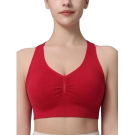 Ruched Sports Bra for Women Racerback V-Neck Workout Bras Padded Seamless Longline Yoga Bra Rose Red