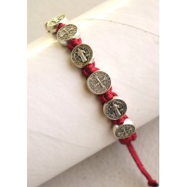 Saint Benedict Red Cord Rosary Bracelet with (10) Silver Tone Medallions
