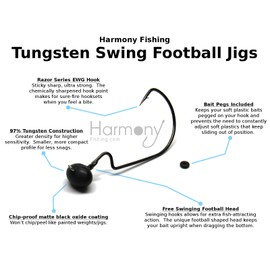 Harmony Fishing - Tungsten Swing Football Jigs [Pack of 3 w/ 10 Bait Pegs] (Swinging Football/Rugby jigs with Hooks for bass Fishing) (1/2 oz, 5/0 Hook (3 Pack))