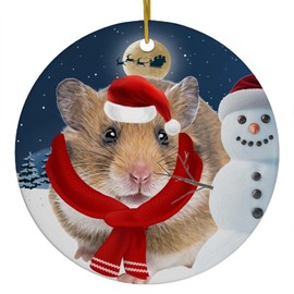 Festive Winter Night Pet and Snowman Ornament - Golden Brown Hamster Christmas Ornament Circle Ceramic - Funny Holiday Xmas Tree Decoration Gifts for Hamster Lovers
