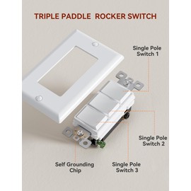 AIDA Single Pole Triple Paddle Rocker Decorator Light Switch, 15 Amp Self-grounding Electrical Light Switches, Residential Grade, UL Listed (1 Pack, Glossy White)