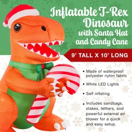Giant 9-Foot Dinosaur Christmas Inflatable T-Rex with Santa Hat & Candy Cane - Outdoor Blow Up Xmas Decoration with LED Lights, Durable Self-Inflating Design, Stakes, Tethers & Blower Included