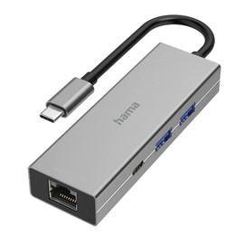 Hama USB C Hub 4 Ports (Multiport Adapter 1x LAN Gigabit Ethernet, 2x USB-A, 1x USB-C for Transferring Data and Charging with PD, USB C Adapter 4-in-1 for Office, Home Office and on the Go) Aluminium