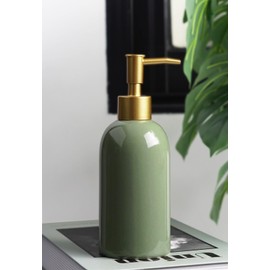 Ceramic Soap Dispenser Green with Gold Pump,Simple Design Cylindrical Lotion Dispenser Bottle,Refillable Liquid Hand Soap Dispenser for Kitchen,Bathroom,Washroom