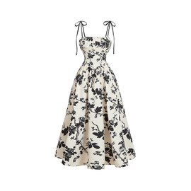 SHENHE Women's Floral Bustier Corset Dress Tie Shoulder Smocked Flowy Boho Long Dress Sundress Black and White Medium