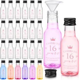 Boao 25 Pcs Sweet 16th Birthday Party Favors for Guests Include 50 Cheers to 16 Years 1.7oz Mini Liquor Bottles Airtight Plastic Alcohol Shot Bottles with Funnels for 16th Birthday Party Supplies