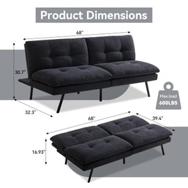 AMICLIBER Convertible Futon Sofa Bed,Memory Foam Linen Fabric Futon Couch with Adjustable Backrest,Folding Futon Loveseat Sleeper Recliner for for Living Room,Office,Apartment,Carbon Black